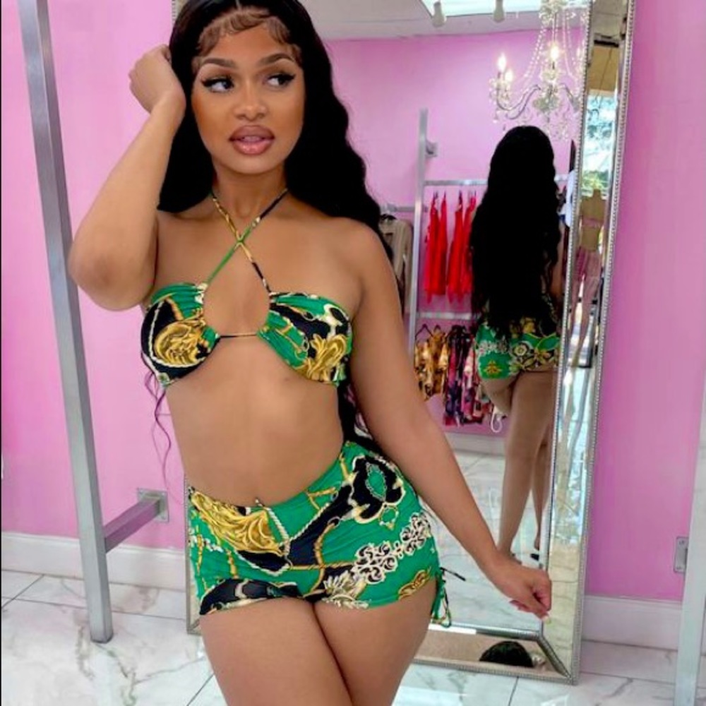 Green Chain Print Halter Top and Shorts Set